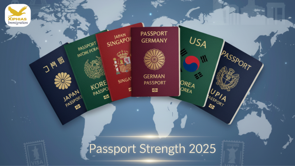 Passport Strength 2025 – Illustration of the world’s strongest passports, global travel, and visa-free access, highlighting top passports with Xiphias Immigration
